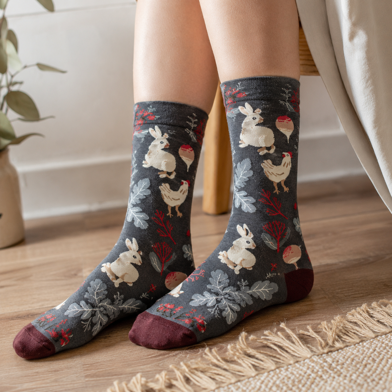 Whimsical Nature & Animal Pattern Crew Socks – 6 Artistic Designs