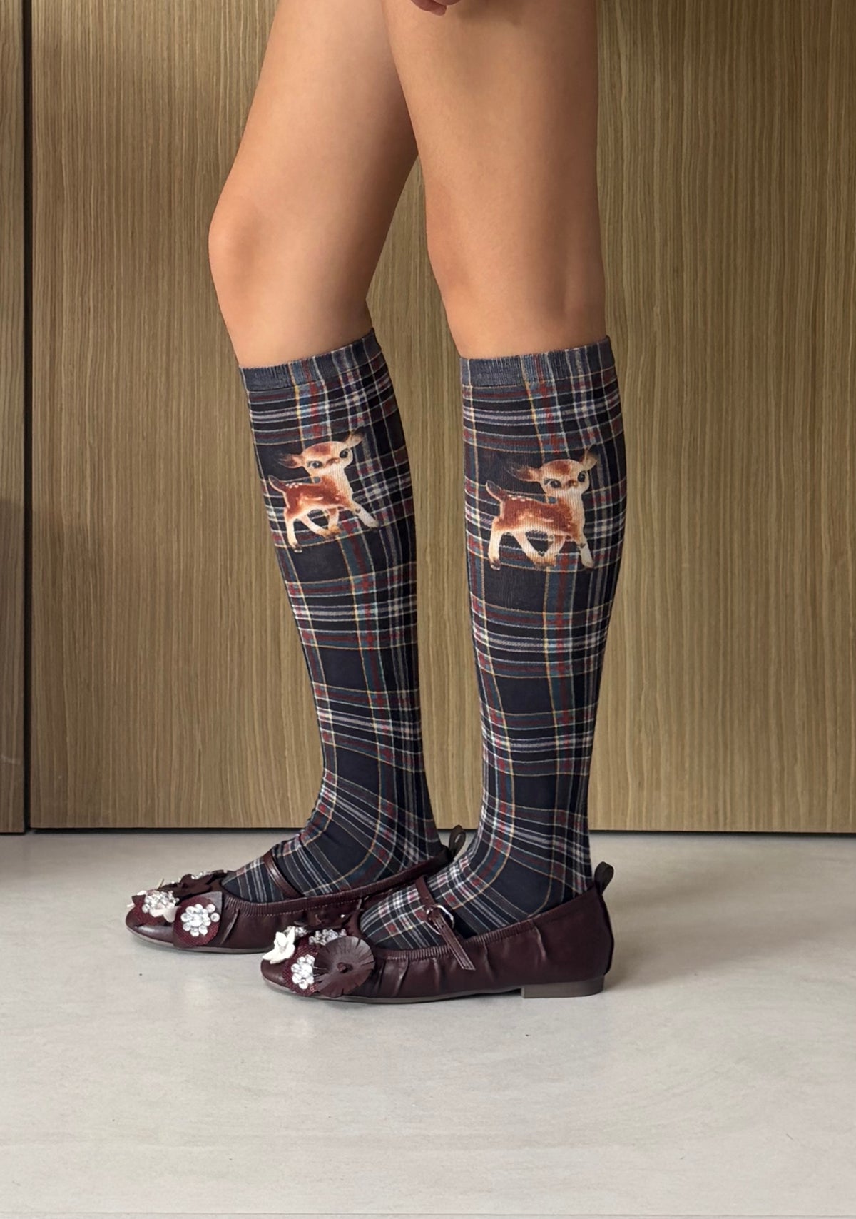 Navy Plaid Deer Knee-High Socks