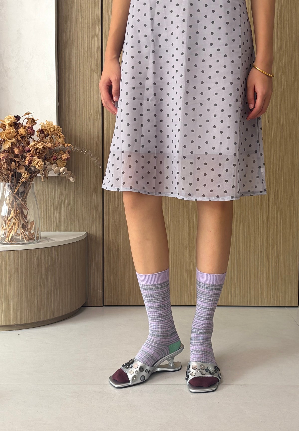 Lilac & Grey Striped Socks with Contrast Heel and Toe