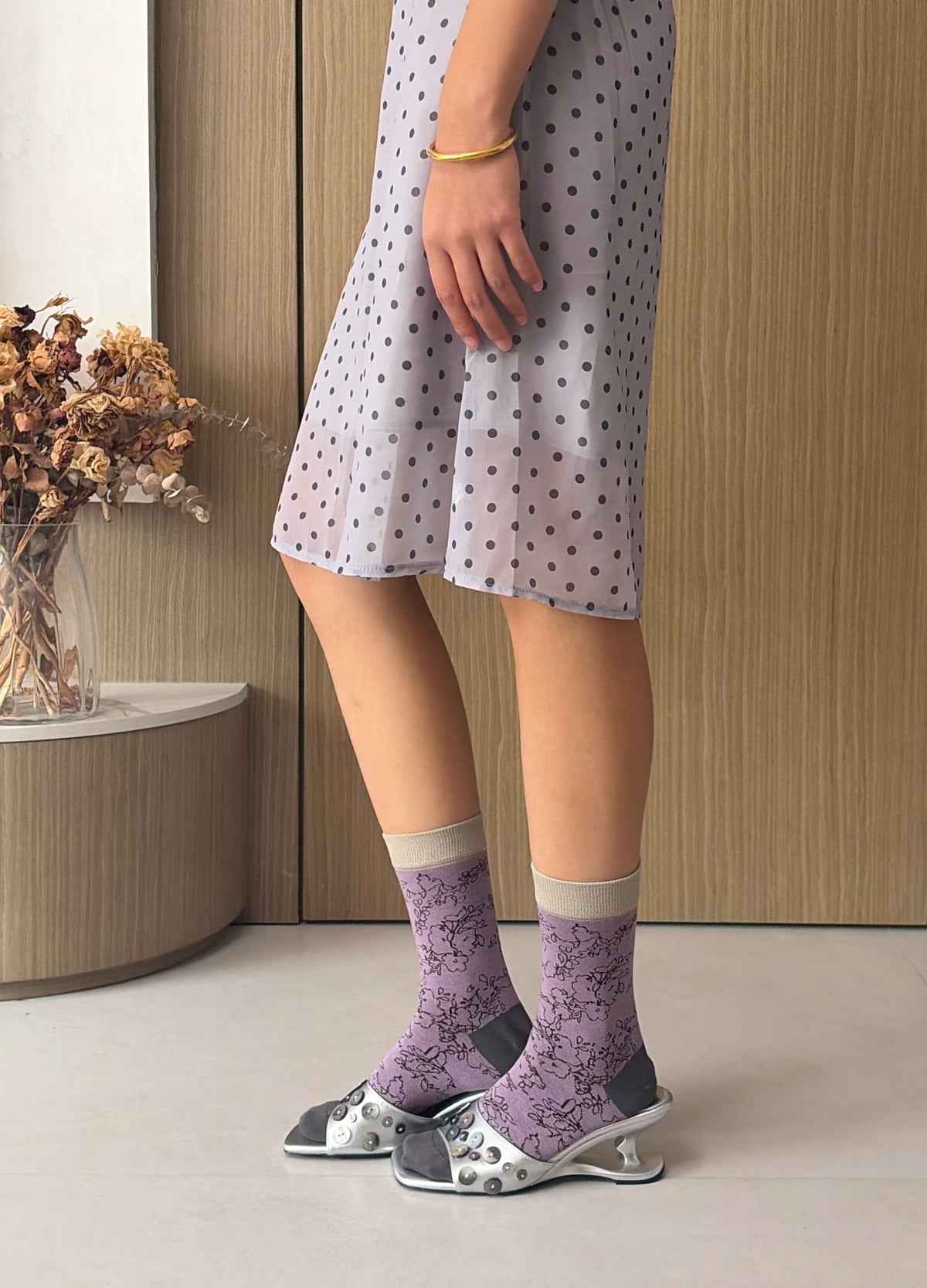 Lilac Floral Socks with Contrast Cuffs