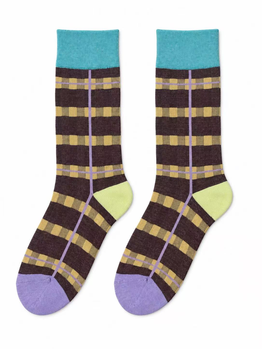 Brown & Mustard Plaid Socks with Contrast Trims