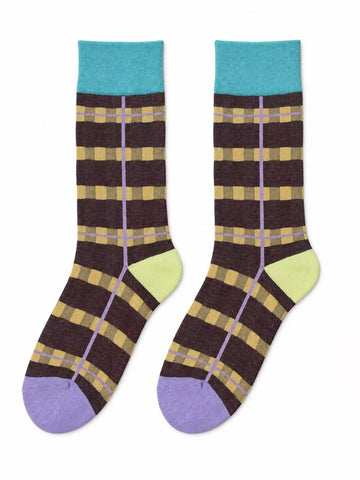 Brown & Mustard Plaid Socks with Contrast Trims