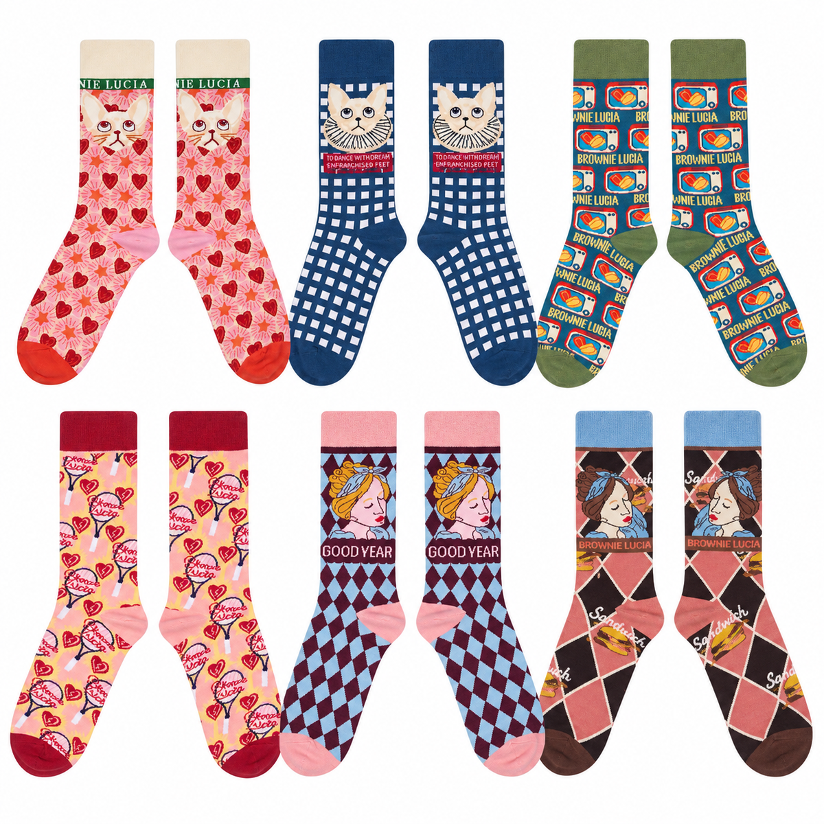 Women's Novelty Graphic Crew Socks – Colorful Cat, Heart & Retro Pattern Socks