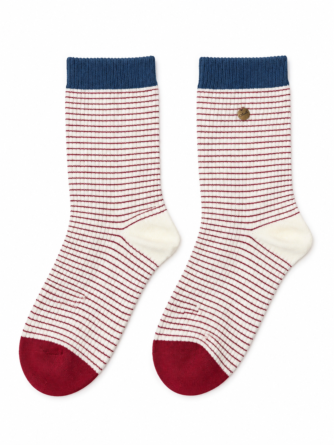 Cream & Burgundy Striped Socks with Navy Cuffs
