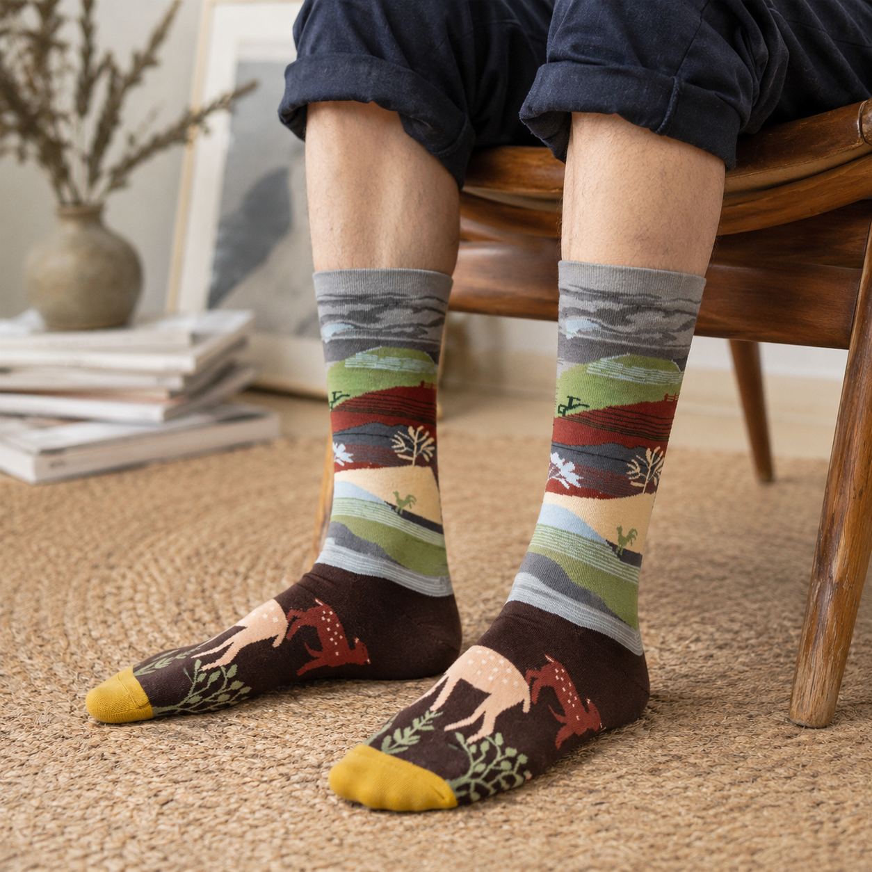 Whimsical Nature & Animal Pattern Crew Socks – 6 Artistic Designs