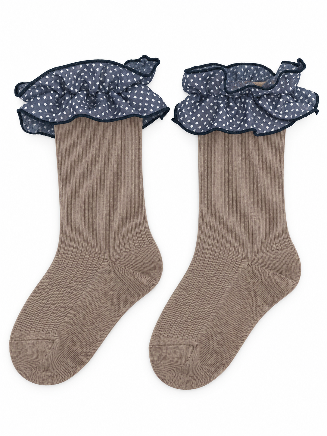 Taupe Ribbed Socks with Star-Print Ruffles