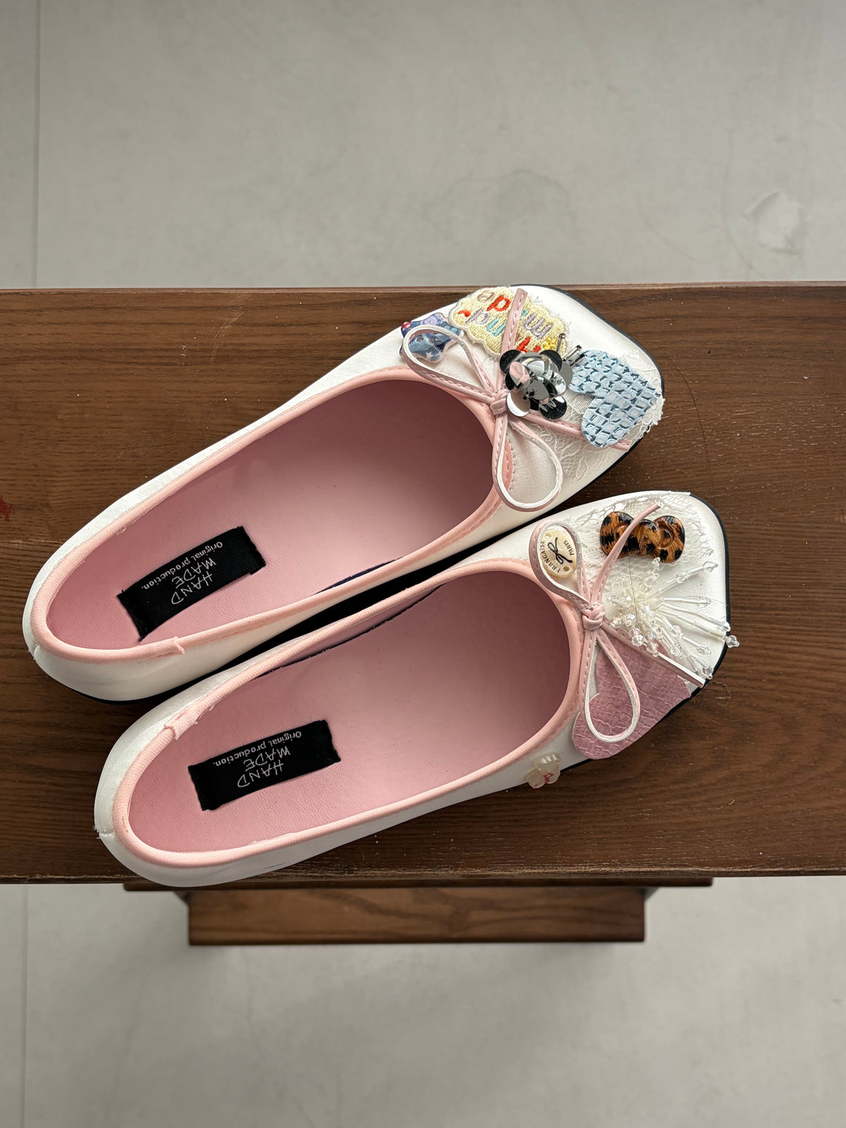 White & Pink Embellished Bow Ballet Flats