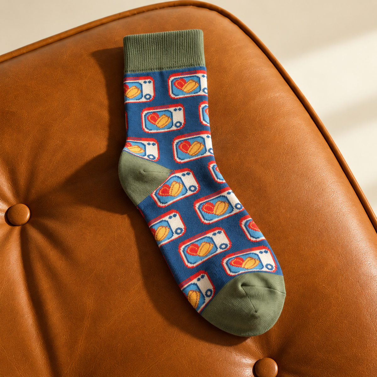Women’s Vintage TV Print Crew Socks – Retro Blue & Green Cotton Socks