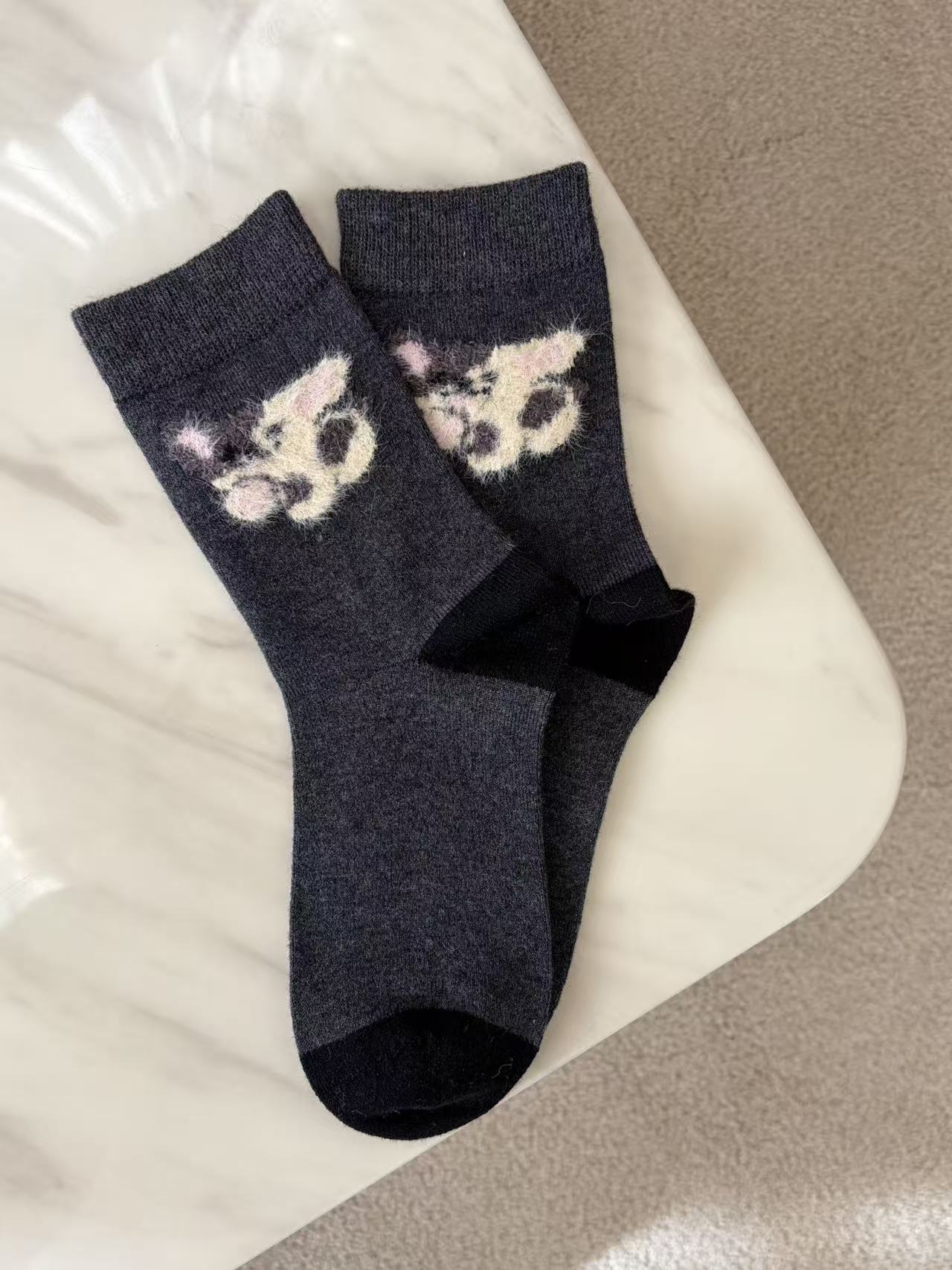 Wool-Blend Fuzzy Animal Motif Crew Socks