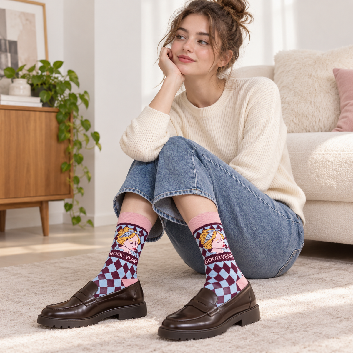 Women's Novelty Graphic Crew Socks – Colorful Cat, Heart & Retro Pattern Socks