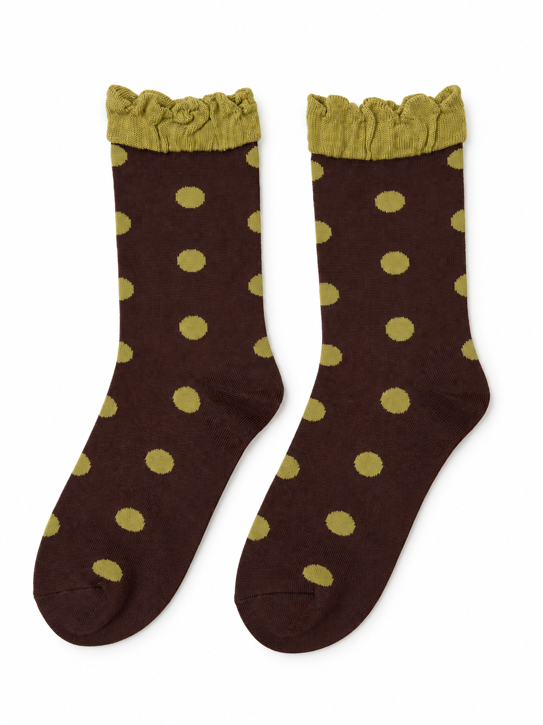 Brown Polka Dot Socks with Mustard Ruffle Cuffs