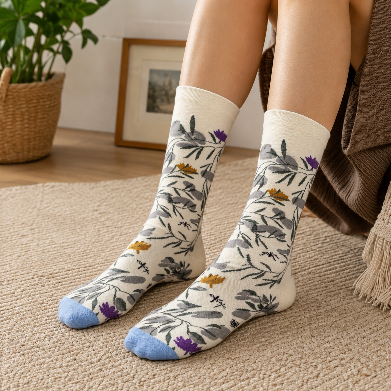 Whimsical Nature Art Crew Socks – Scenic, Floral & Striped Designs