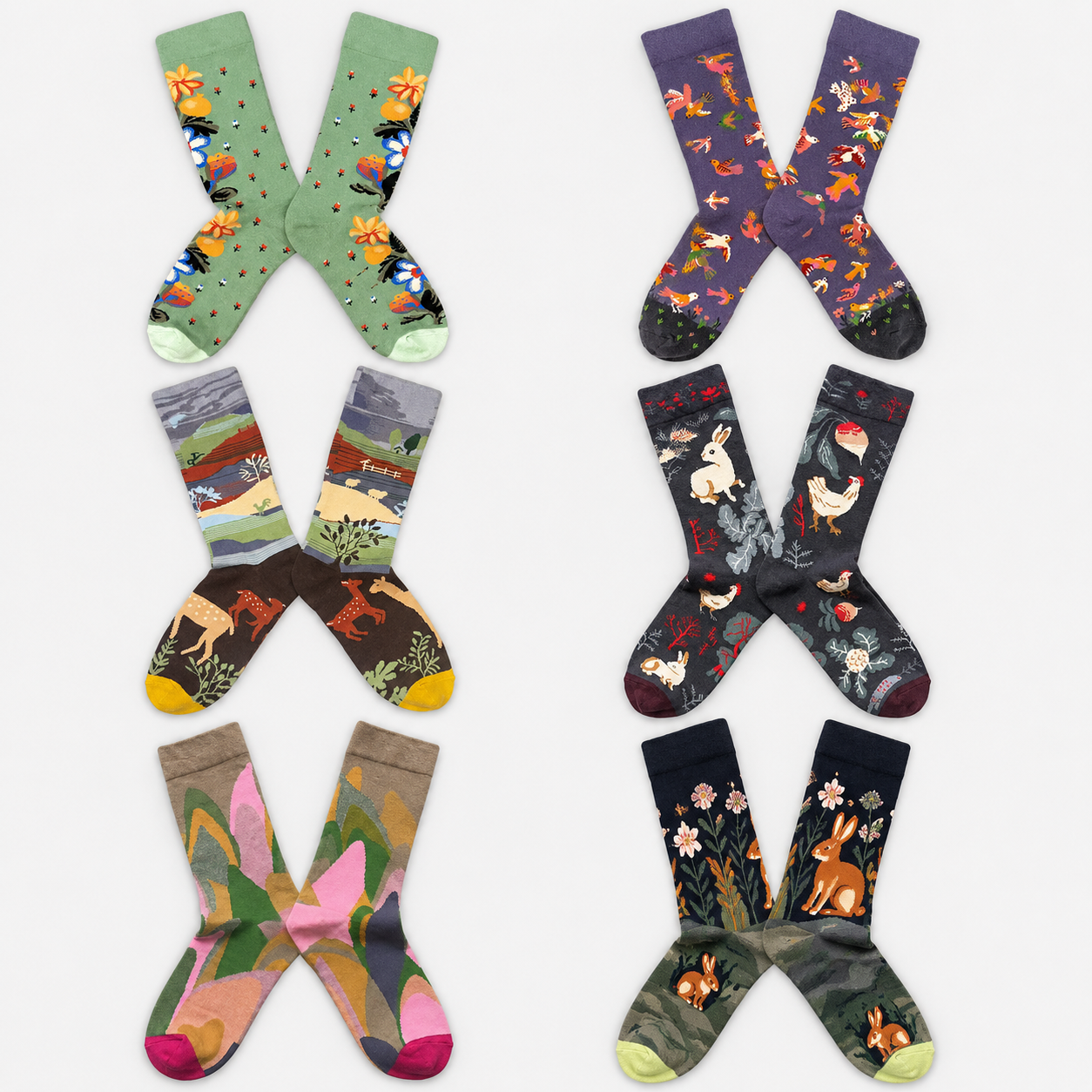 Whimsical Nature & Animal Pattern Crew Socks – 6 Artistic Designs