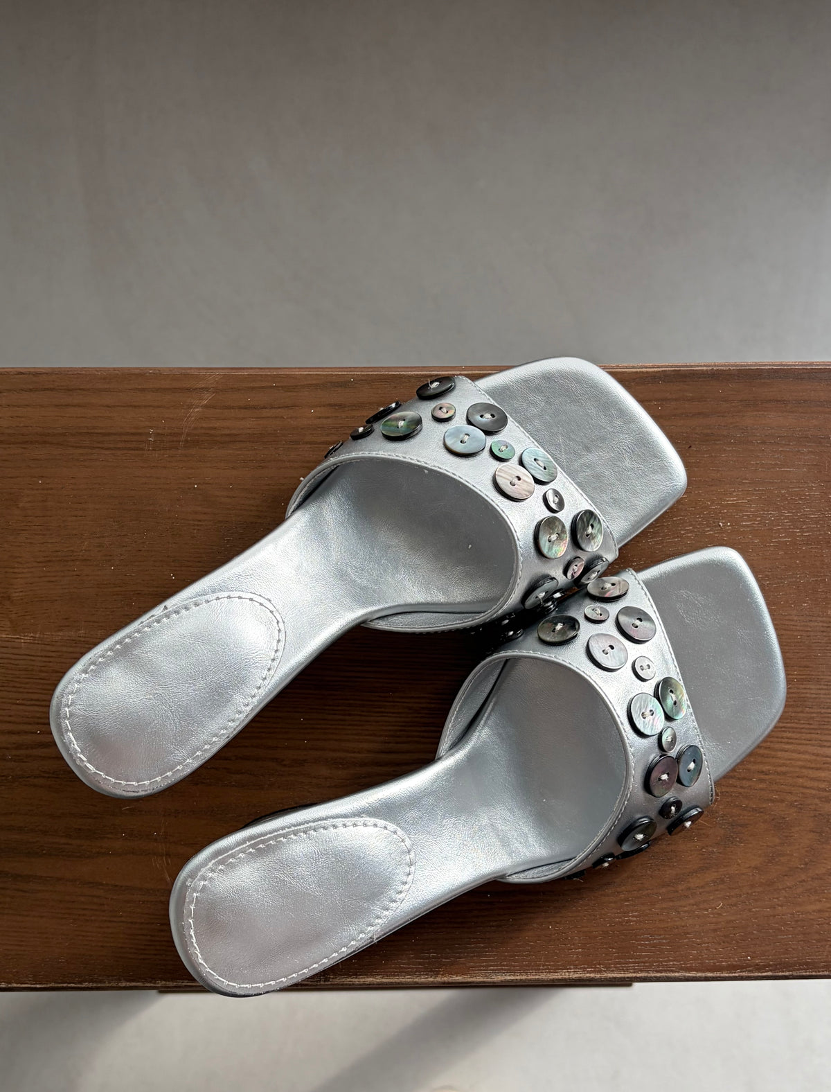 Button-Embellished Square-Toe Mules