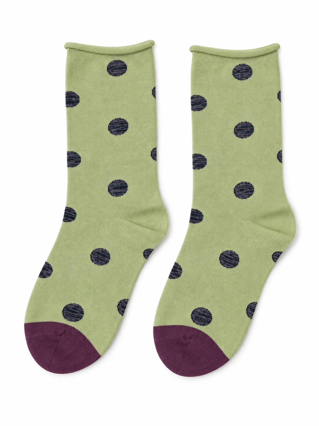 Pistachio Polka Dot Socks with Plum Toes