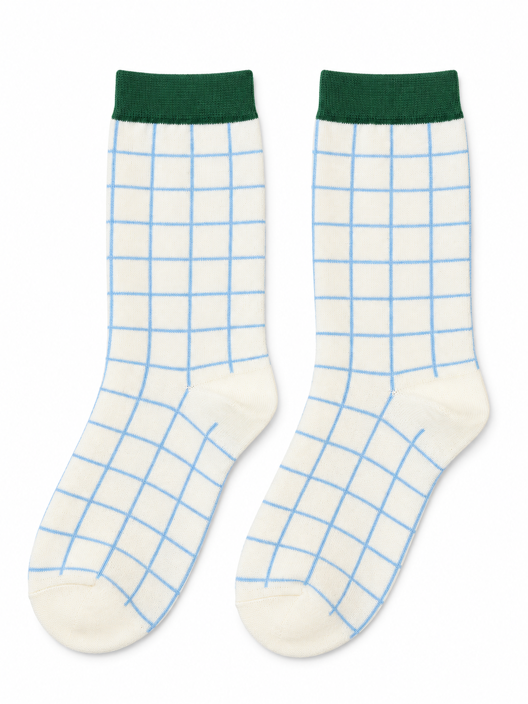 Cream & Sky Blue Grid Socks with Green Cuffs