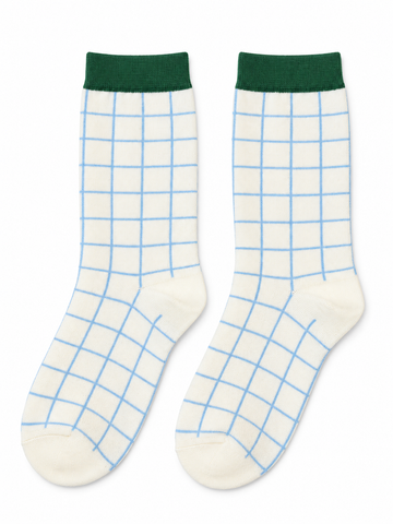 Cream & Sky Blue Grid Socks with Green Cuffs