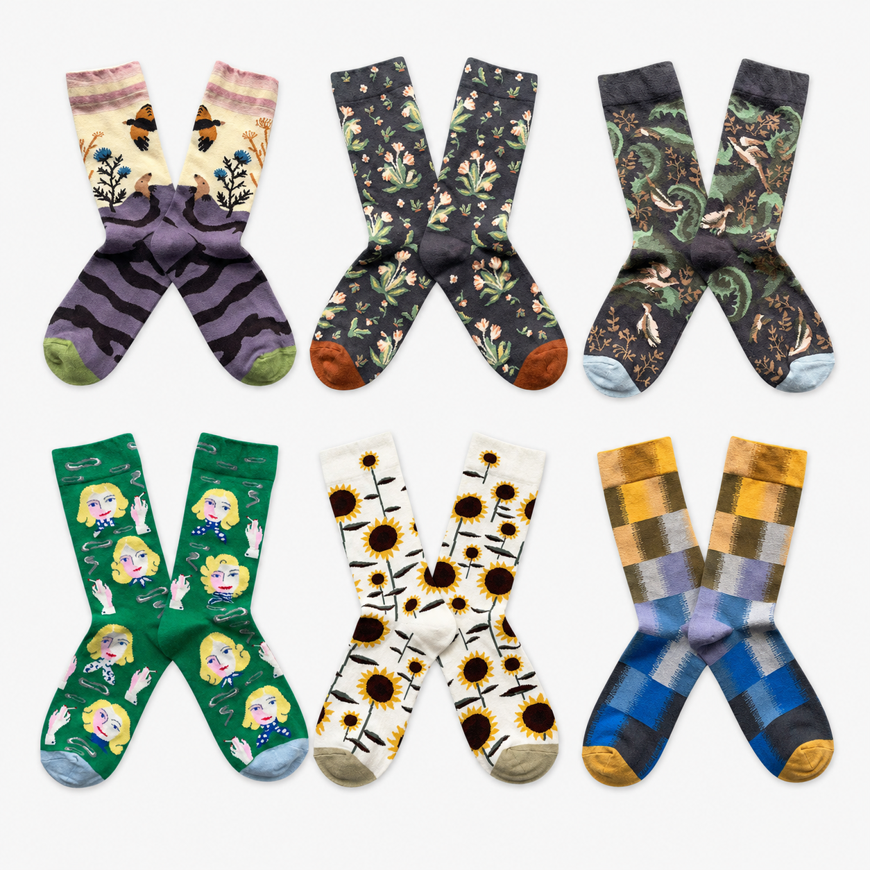 Artistic Nature & Whimsical Pattern Crew Socks – 6 Unique Designs