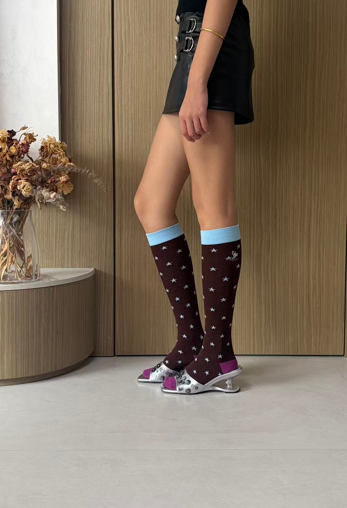 Brown & Blue Star Knee-High Socks