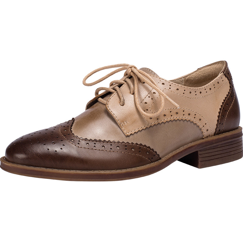 Dwarves Women's Wingtip Shoes Handmade Sheepskin Full Brogues Oxfords Low Heel Elegant Color Blocking(better suited for thin feet)