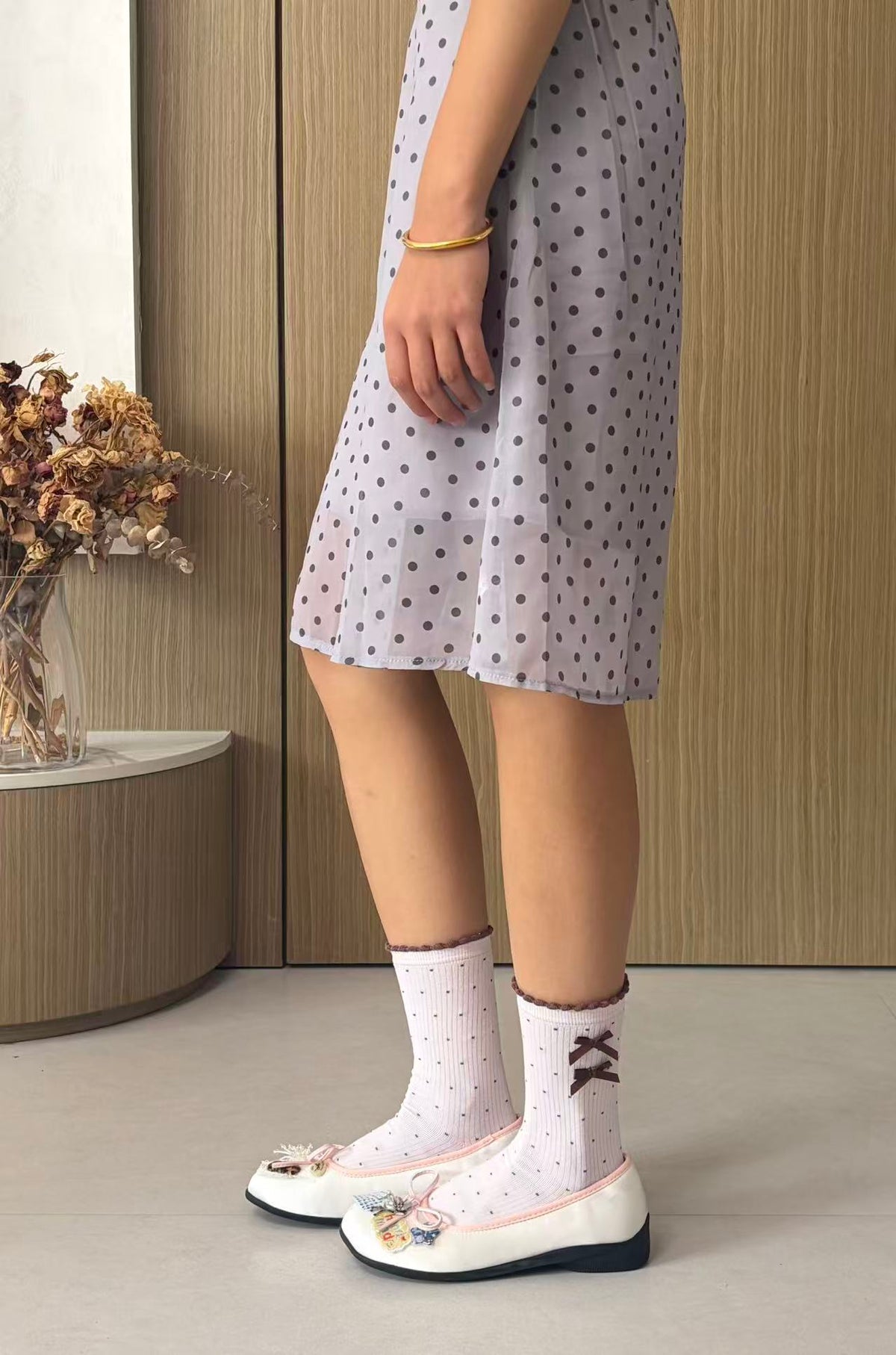 Pink Polka Dot Socks with Brown Bows