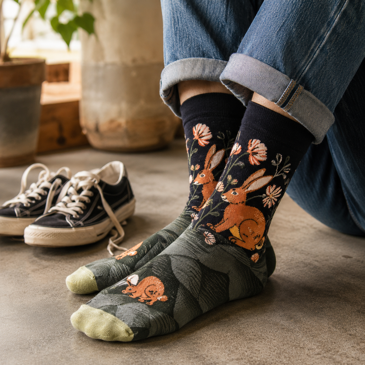 Whimsical Nature & Animal Pattern Crew Socks – 6 Artistic Designs