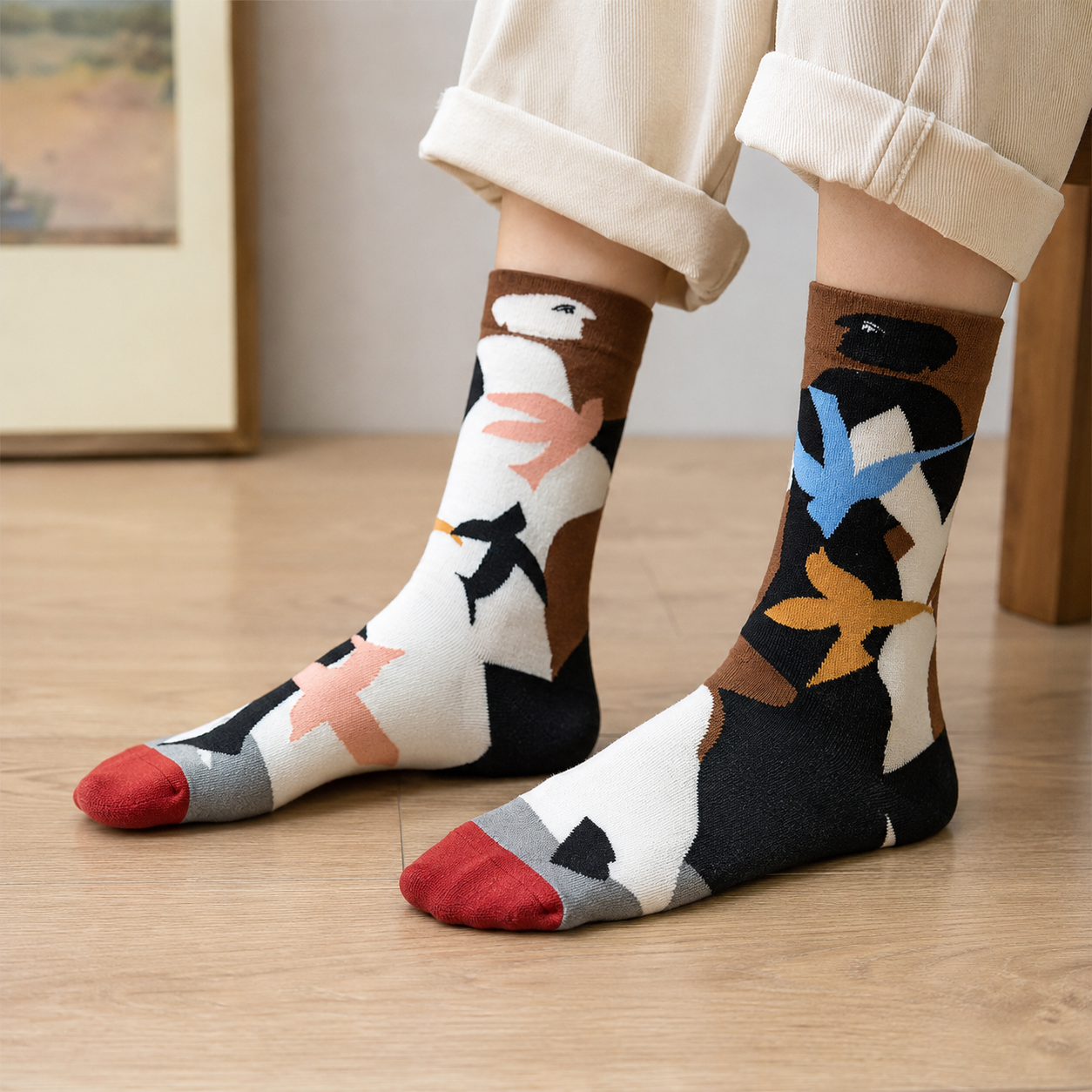Whimsical Nature Art Crew Socks – Scenic, Floral & Striped Designs