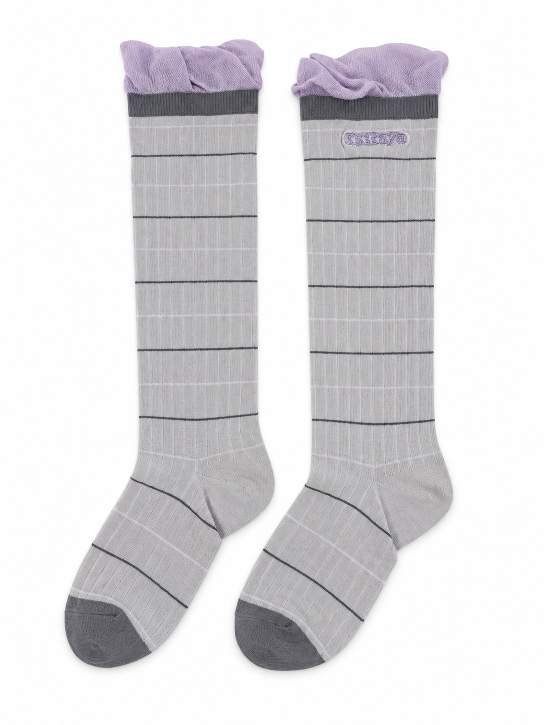 Grey Striped Lilac Ruffle Knee-High Socks
