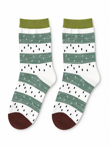 Sage & White Striped Socks with Dash Patterns