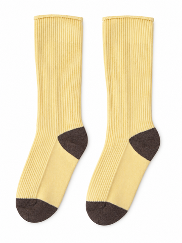 Butter Yellow Ribbed Socks with Brown Heel & Toe