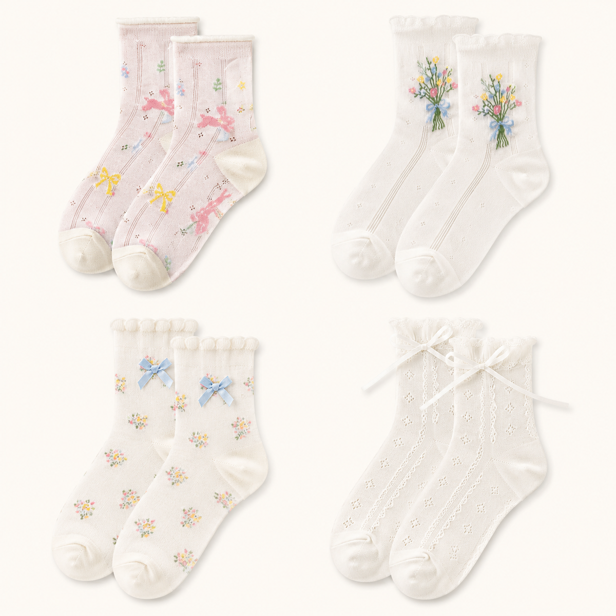 Sweet Embroidered Lace Crew Socks for Women – Floral Bow & Bunny Cotton Socks