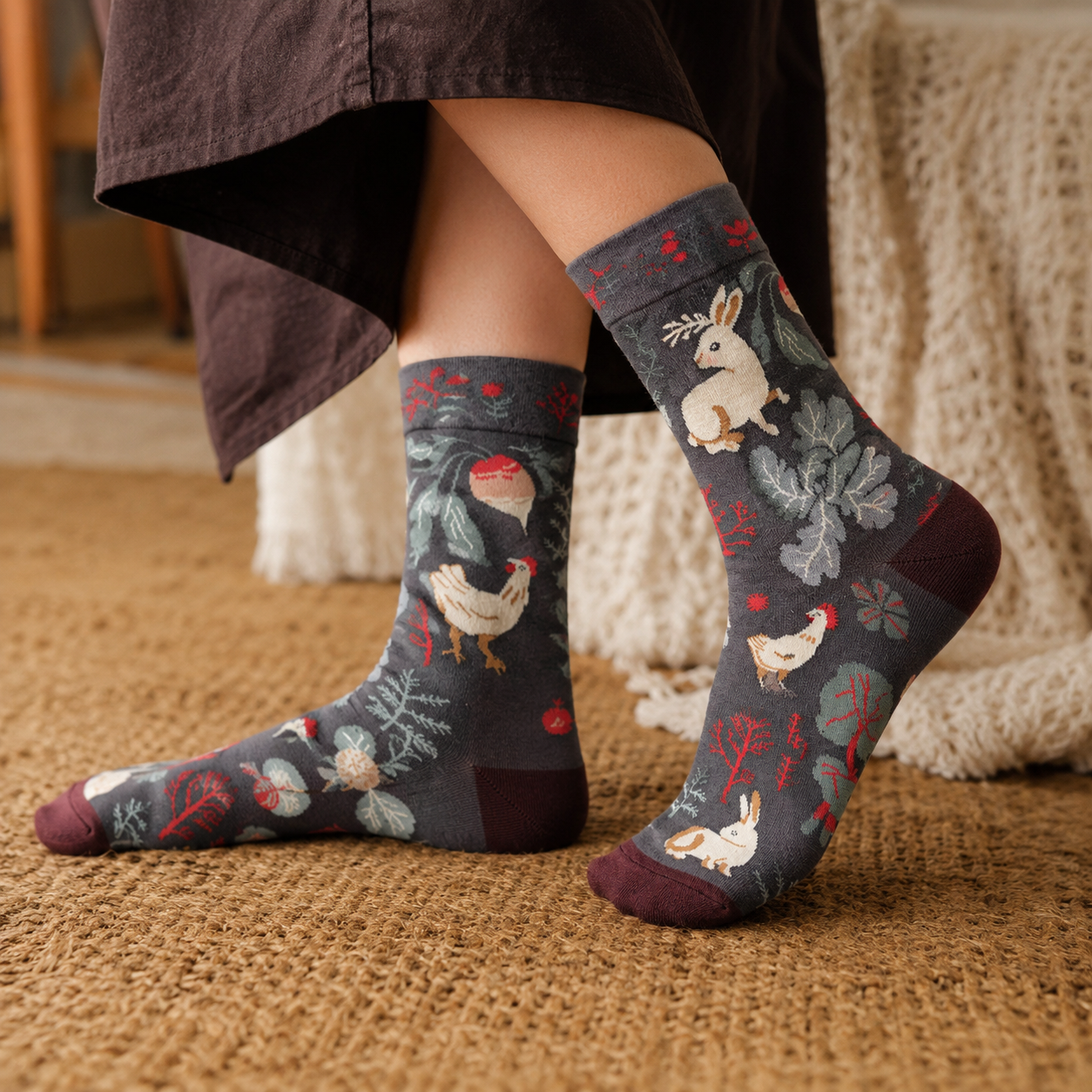 Whimsical Nature & Animal Pattern Crew Socks – 6 Artistic Designs