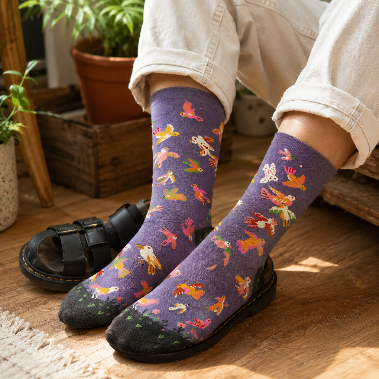 Whimsical Nature & Animal Pattern Crew Socks – 6 Artistic Designs
