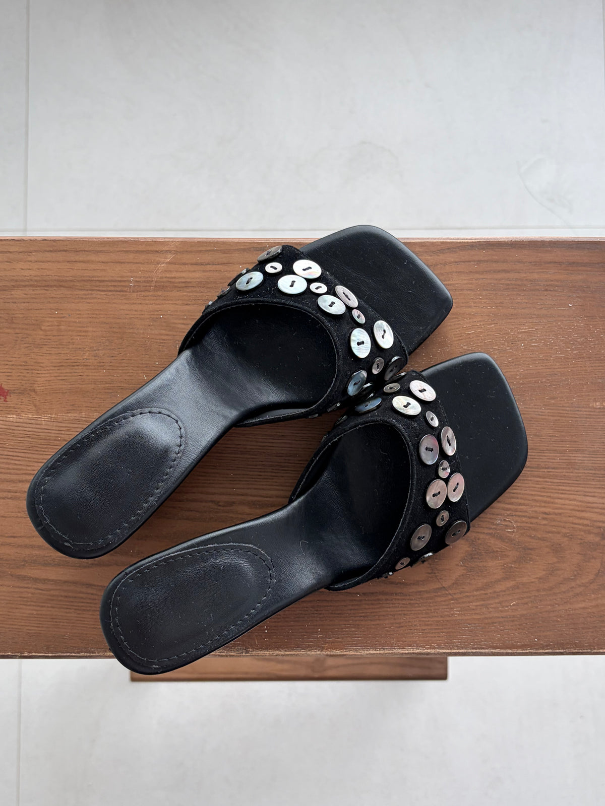 Button-Embellished Square-Toe Mules