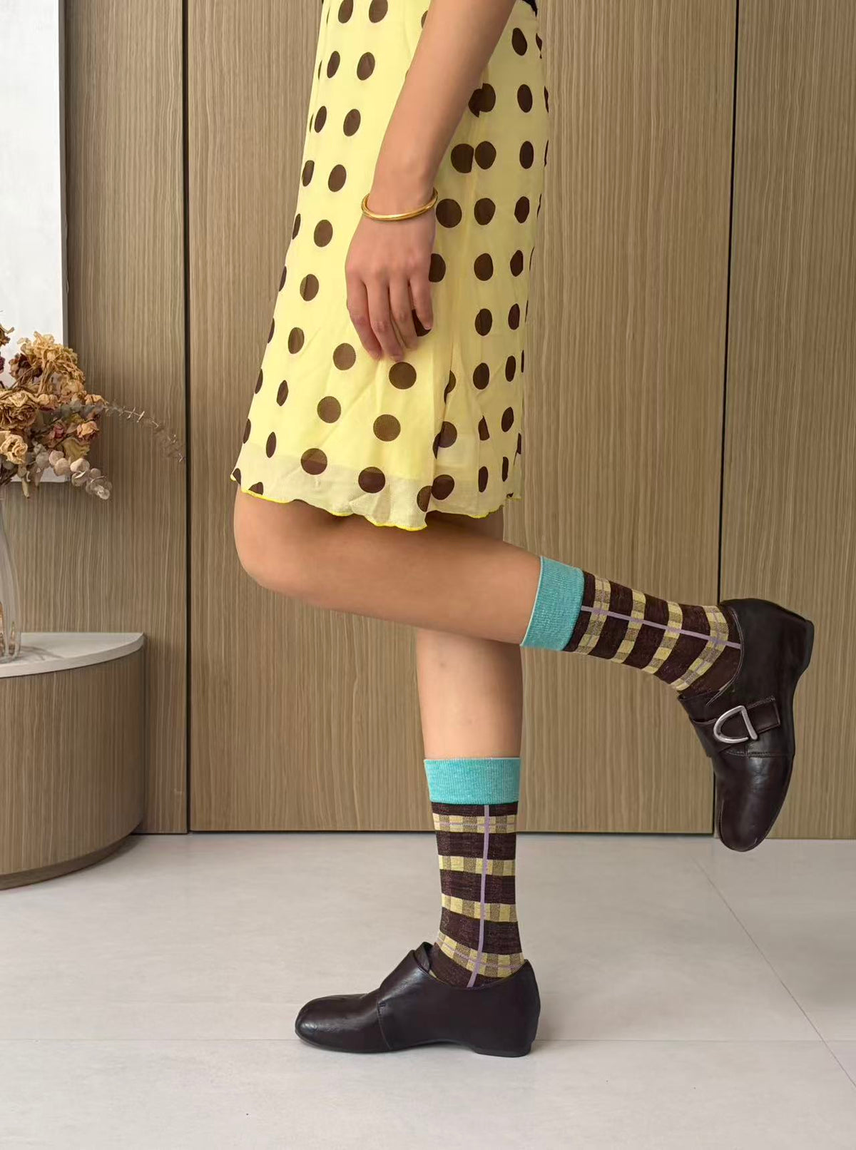 Brown & Mustard Plaid Socks with Contrast Trims
