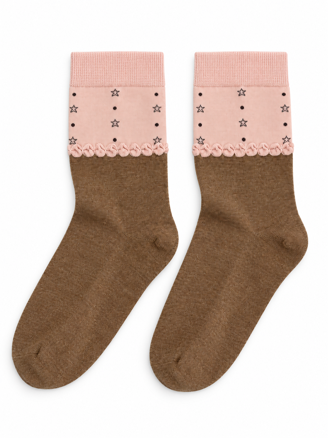 Brown Socks with Pink Star-Patterned Ruffle Trim