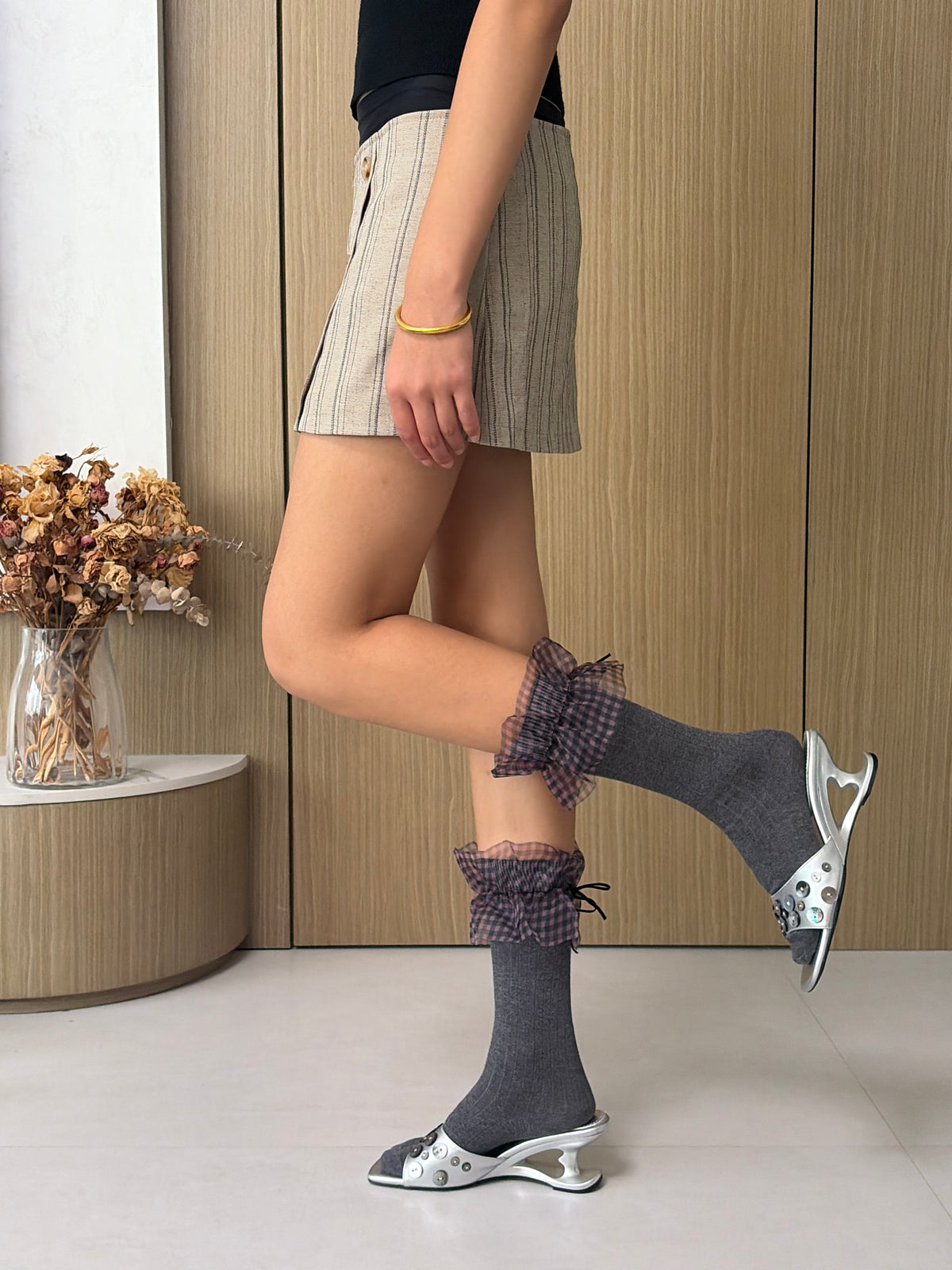 Grey Ribbed Socks with Gingham Ruffle Cuffs