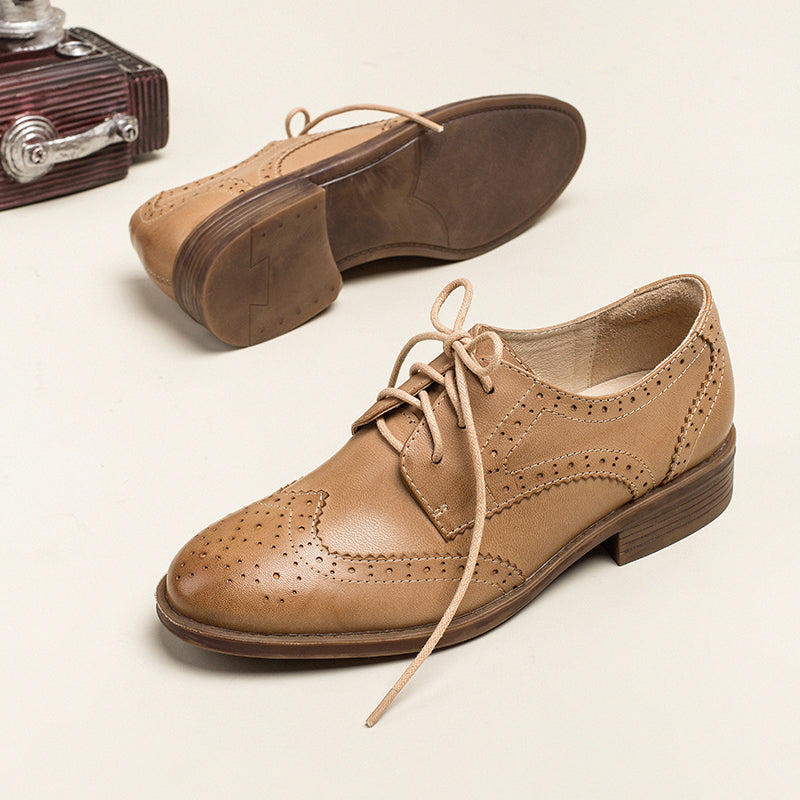 Dwarves Women's Wingtip Shoes Handmade Sheepskin Full Brogues Oxfords Low Heel Elegant Color Blocking(better suited for thin feet)