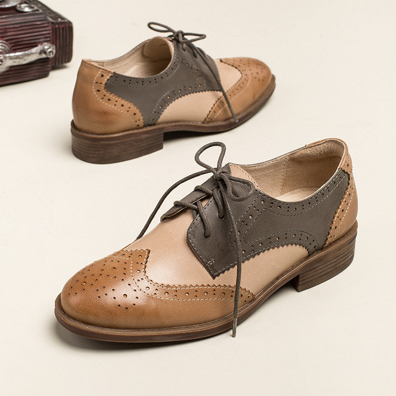 Dwarves Women's Wingtip Shoes Handmade Sheepskin Full Brogues Oxfords Low Heel Elegant Color Blocking(better suited for thin feet)
