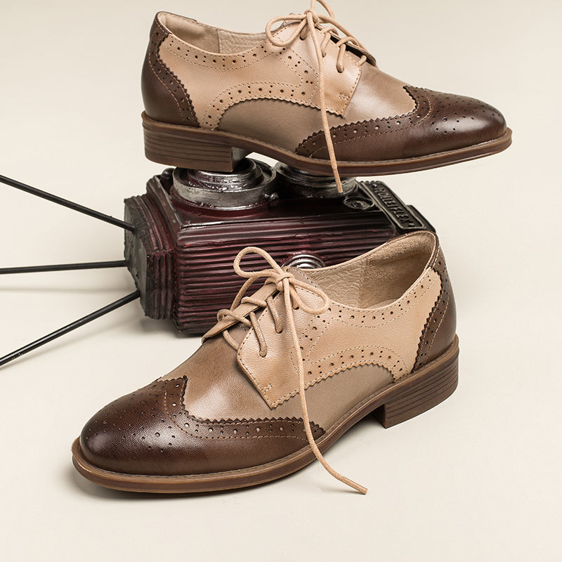 Dwarves Women's Wingtip Shoes Handmade Sheepskin Full Brogues Oxfords Low Heel Elegant Color Blocking(better suited for thin feet)