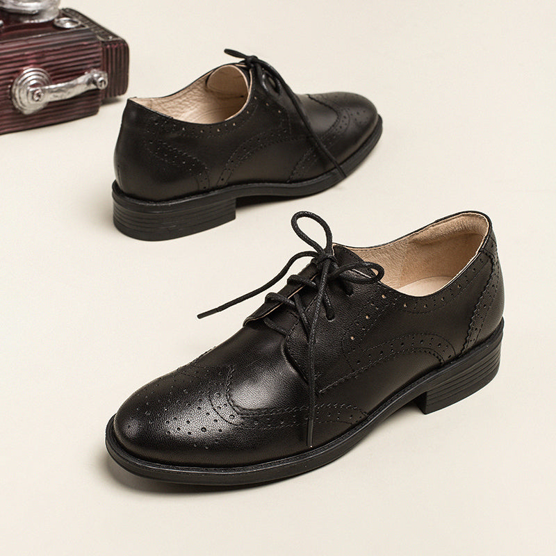Dwarves Women's Wingtip Shoes Handmade Sheepskin Full Brogues Oxfords Low Heel Elegant Color Blocking(better suited for thin feet)