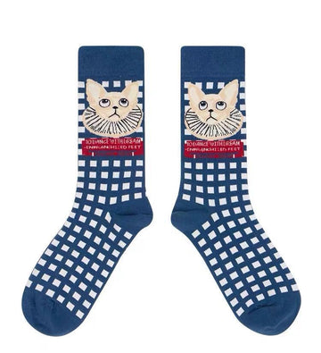 Women’s Vintage Cat Checkered Crew Socks – Blue Mid-Calf Knit Socks