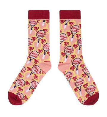 Women’s Retro Heart Print Crew Socks – Pink Graphic Mid-Calf Socks
