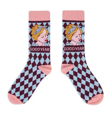 Women's Retro Portrait Argyle Crew Socks – Colorful Patterned Casual Socks